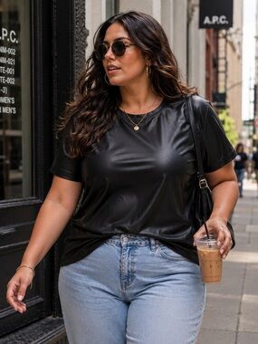 Good American Black Faux Leather Tee Size 5 XL XXL Vegan Leather Top